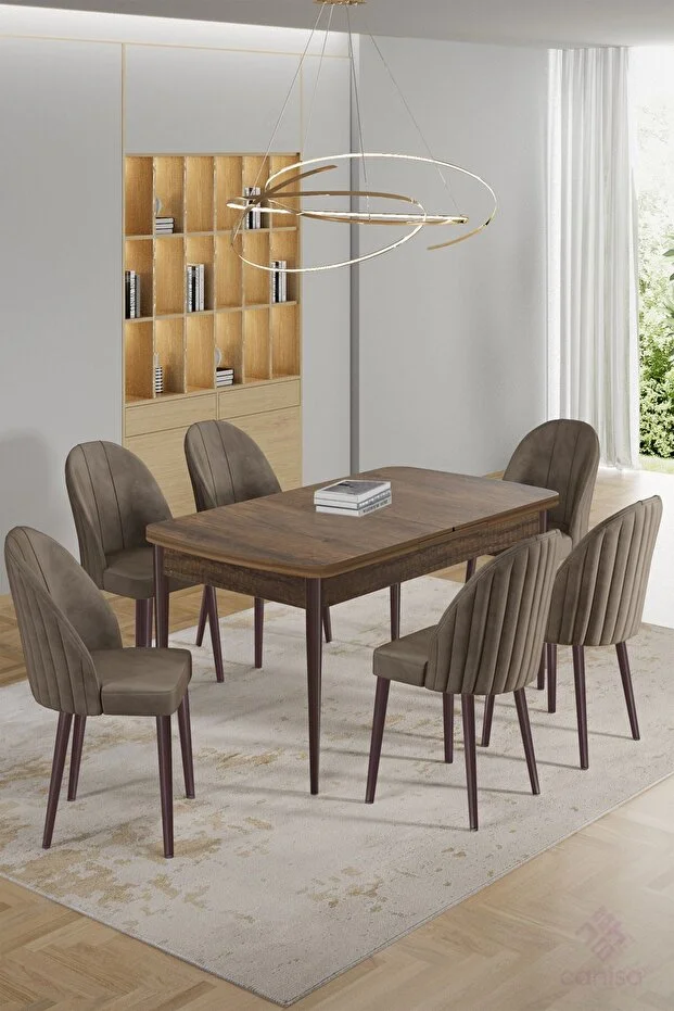 Enya Serisi 80x132 Açılabilir Barok Ahşap Desen Masa Takımı ve 6 Cappucino Sandalye